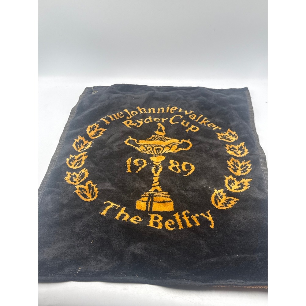 Vintage 1989 Johnnie Walker Ryder Cup Golf Towel The Belfry Black Gold Trophy